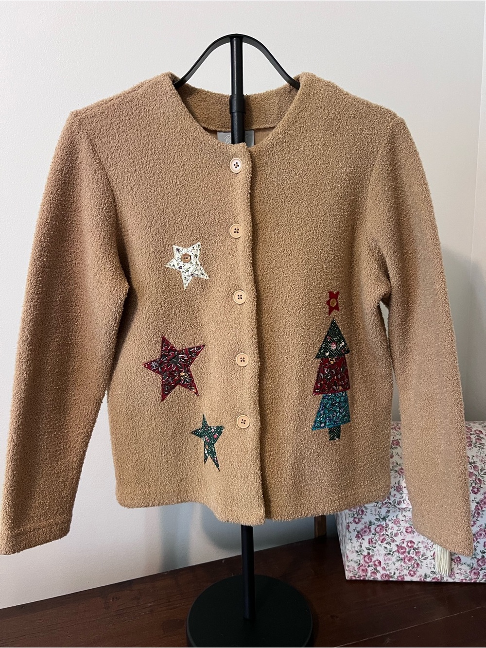 Vintage Blair Fleece Cardigan Jacket Patchwork Christmas Tree Angel Size Small